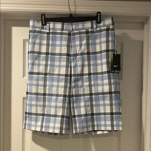 Nike Men's Light Blue and White Plaid Shorts
